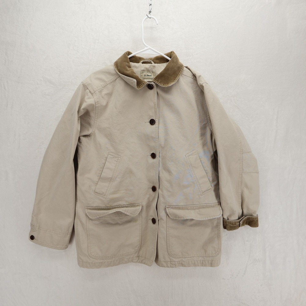 LL Bean Womens L Barn Jacket Tan Lined Canvas Corduroy Trim Field Coat 0WY22